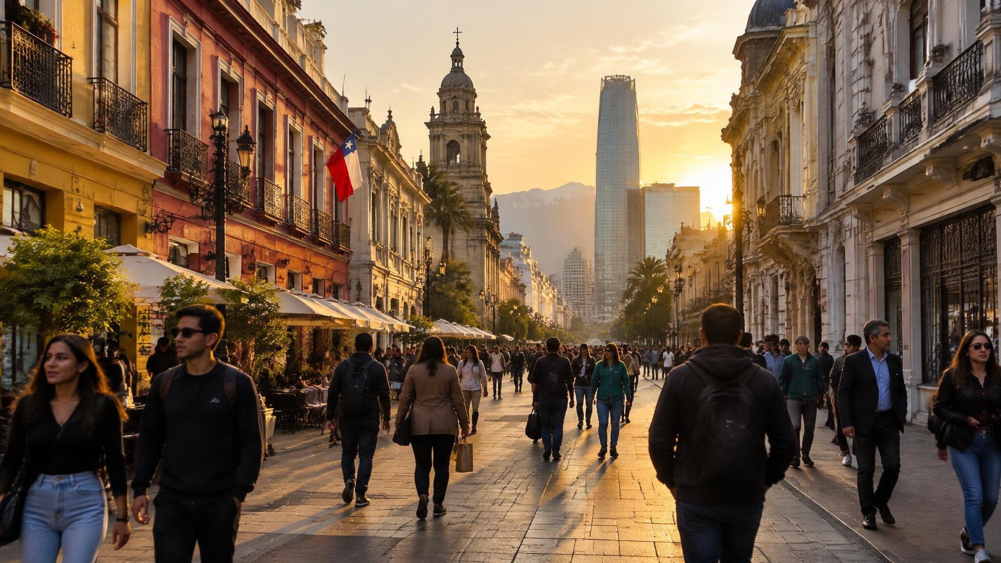 Busy pedestrian street in a Chilean city at golden hour