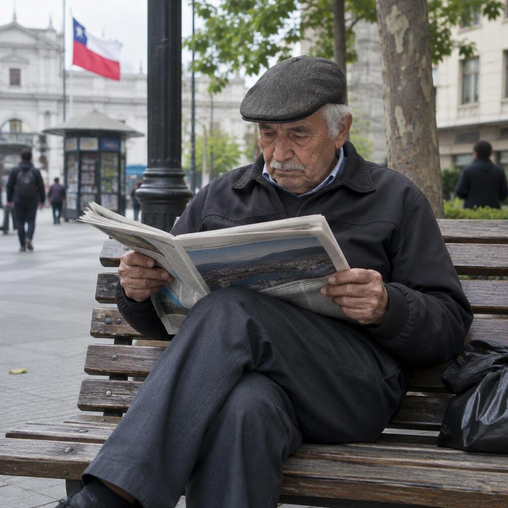 Elderly man reading newspaper on a city bench in Chile