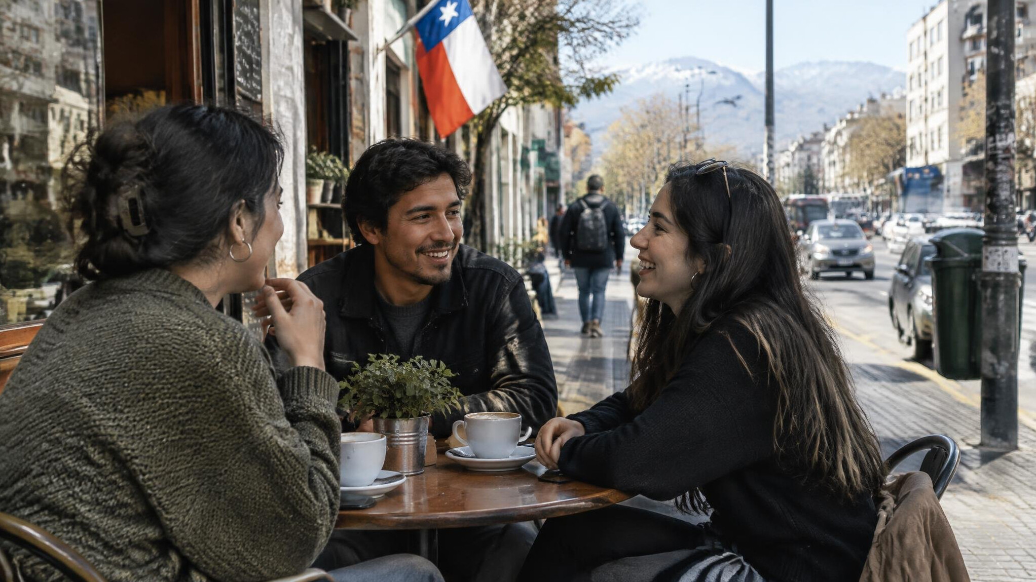 People chatting outside a small city cafe in Chile