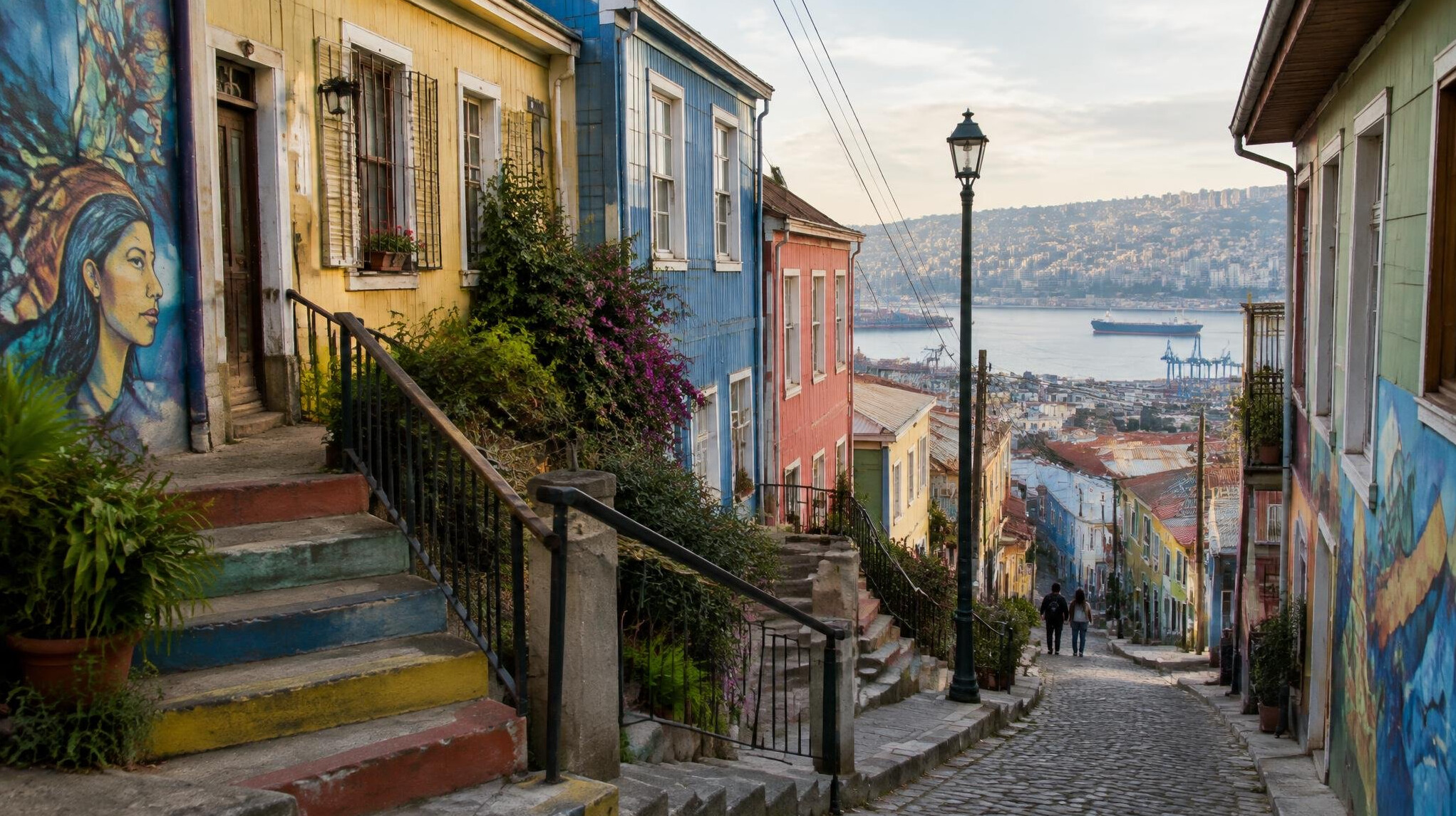 Colorful residential neighborhood street in a Chilean hillside city