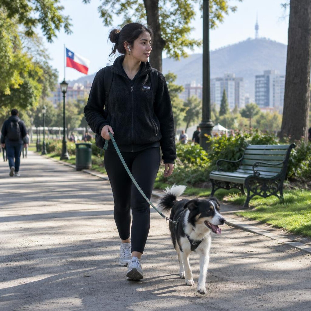 Woman walking her dog through a city park in Chile