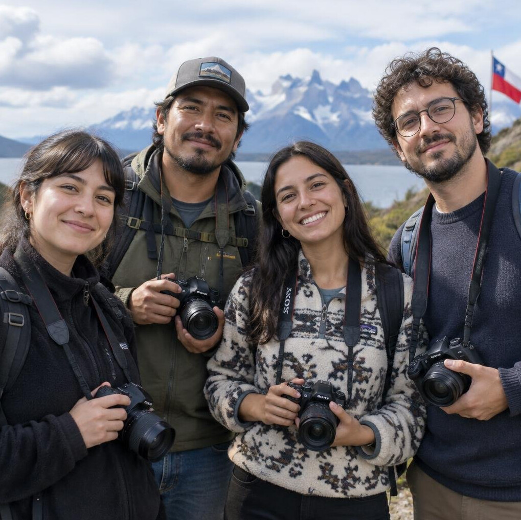 Group of diverse photographers with cameras outdoors