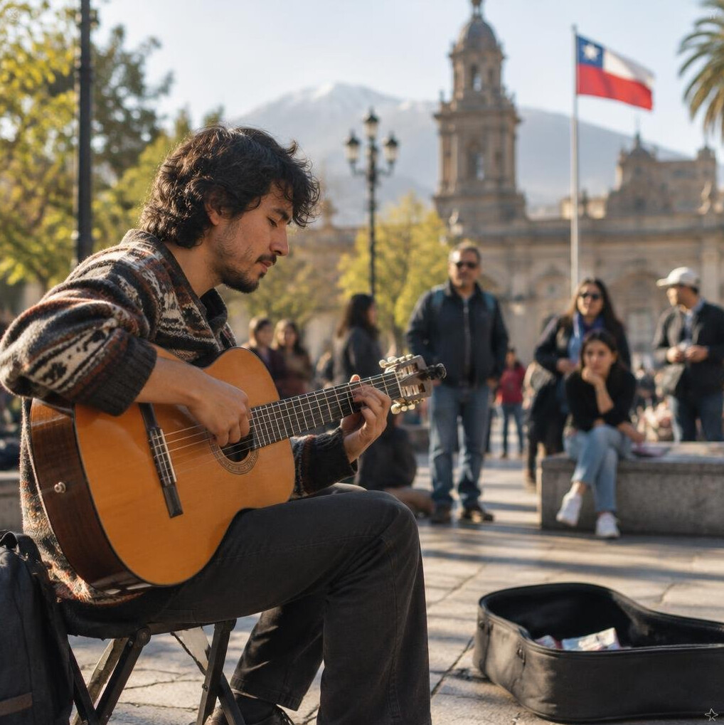 Street musician performing in a Chilean city plaza