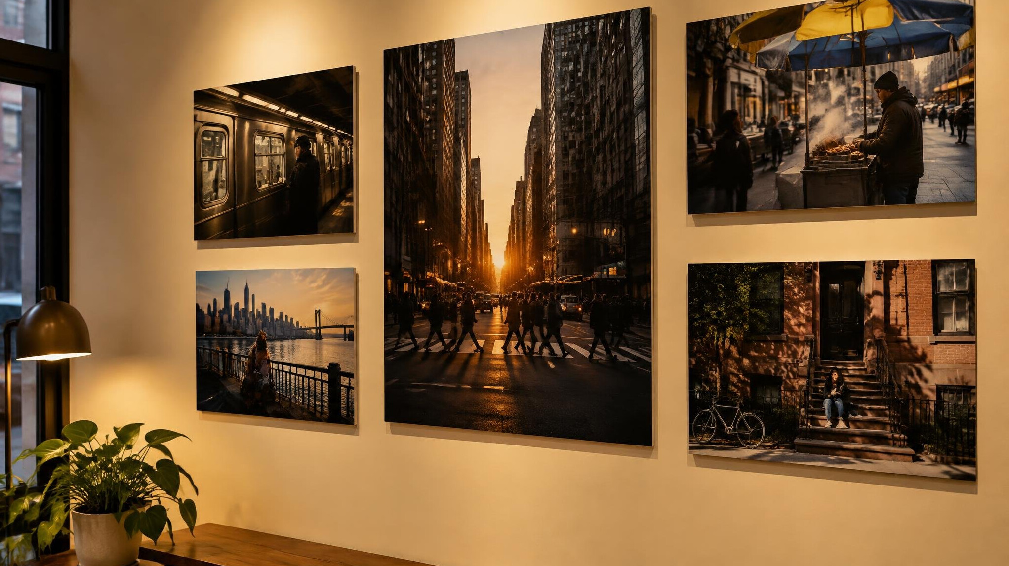 Wall of printed photographs in a small gallery in Chile